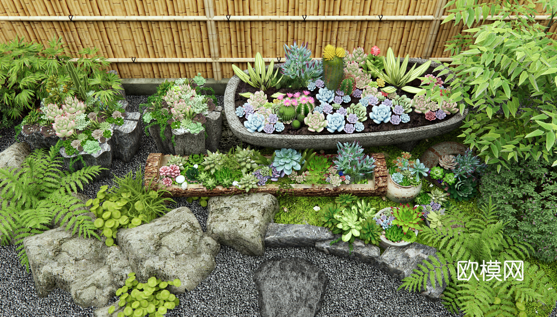 日式多肉植物 多肉盆栽 植物组合 花草 庭院小品 灌木 植物3d模型