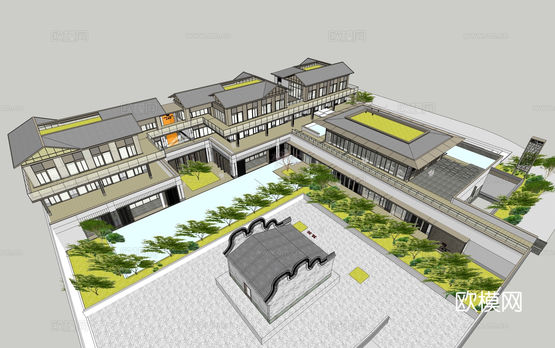 新中式别墅外观su模型下载