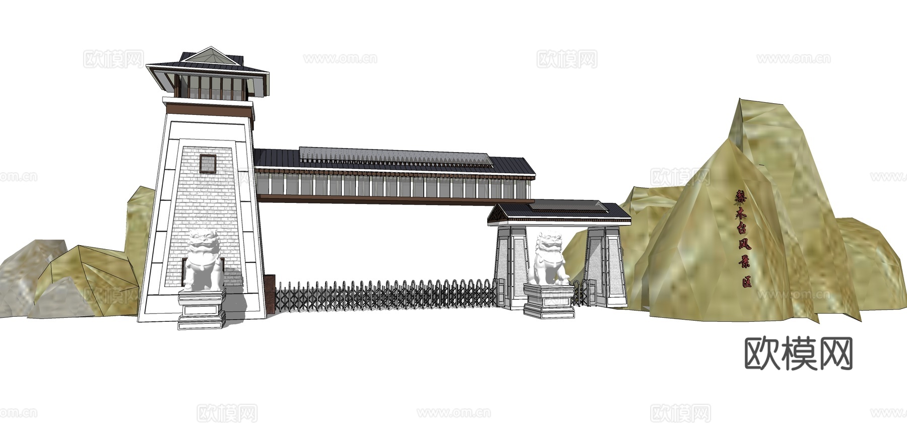 新中式景区大门su模型下载