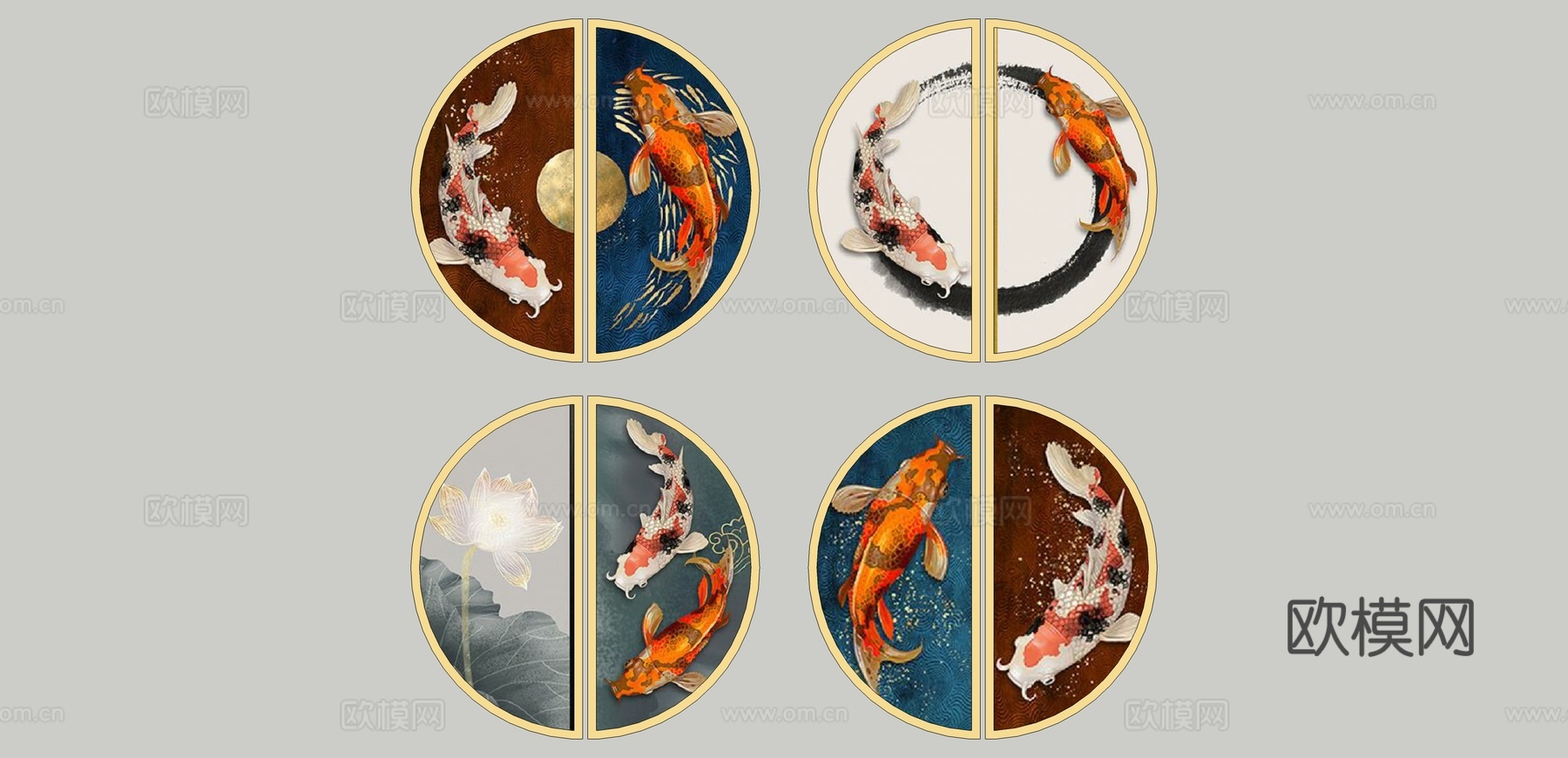 新中式金鱼装饰挂画su模型下载