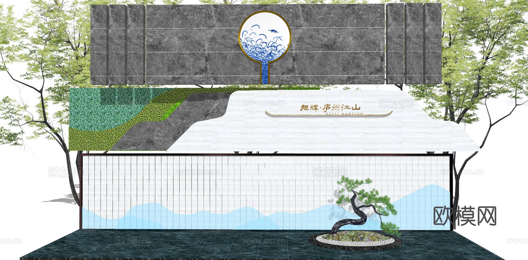 新中式禅意水景景墙su模型下载