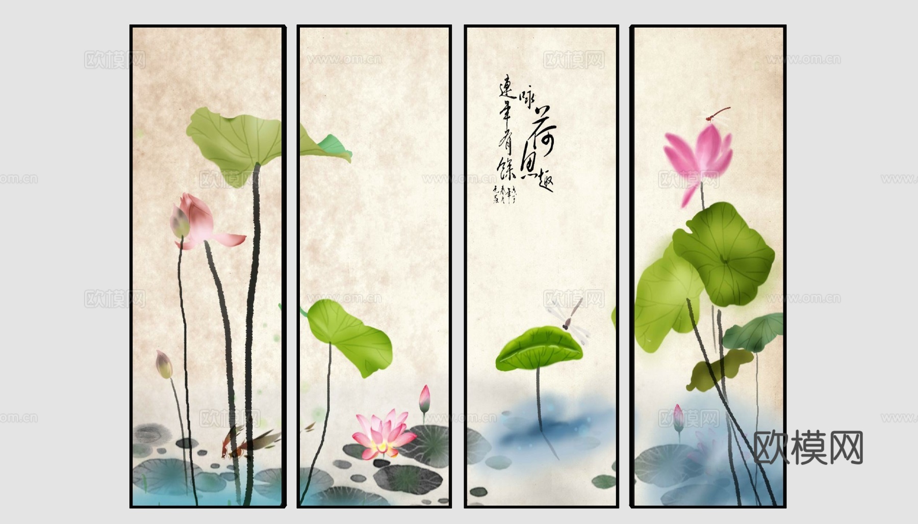 新中式荷花装饰画su模型下载