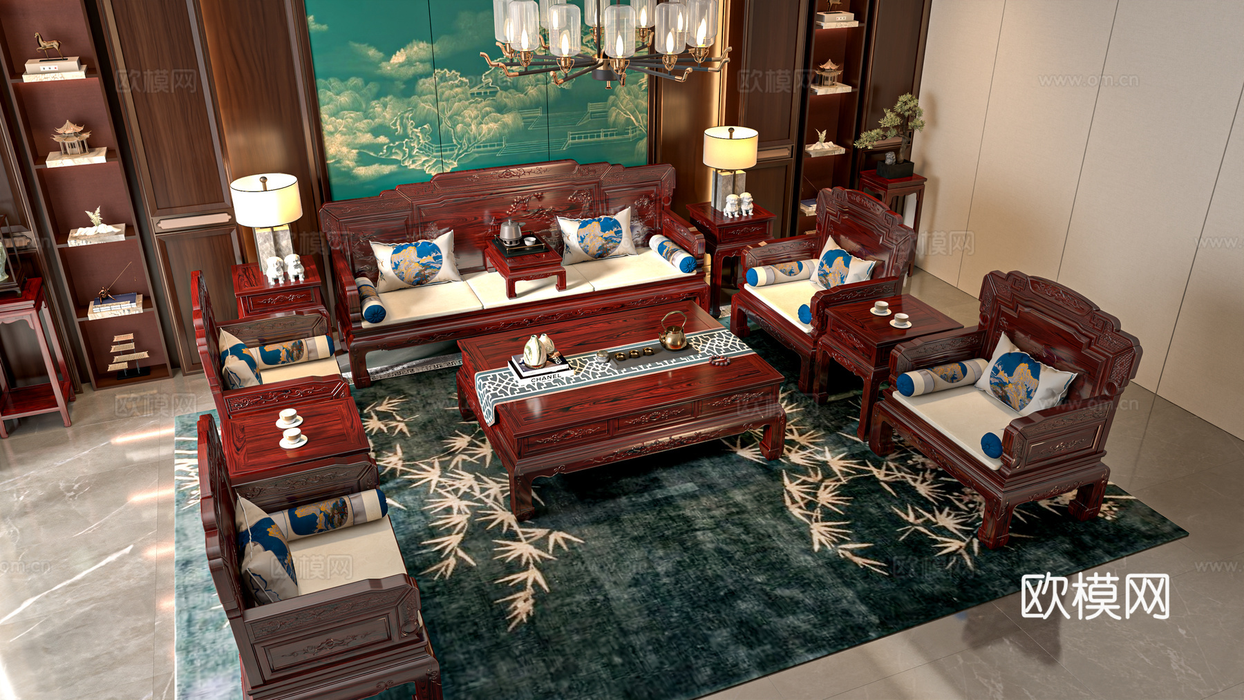 新中式客厅 红木沙发 红木家具组合 巧夺天工红木家具 中式客3d模型