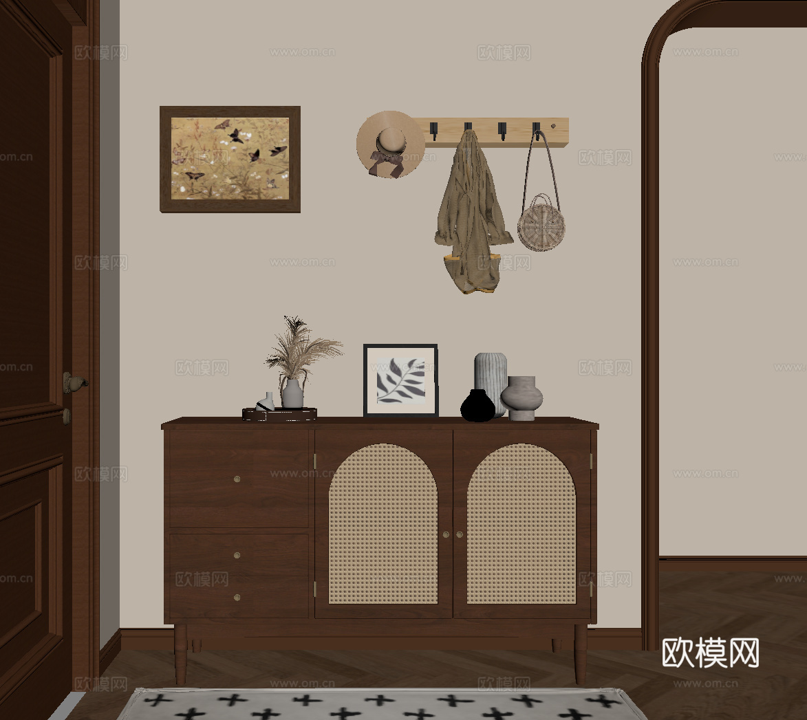 015中古风玄关柜 挂画 挂钩su模型