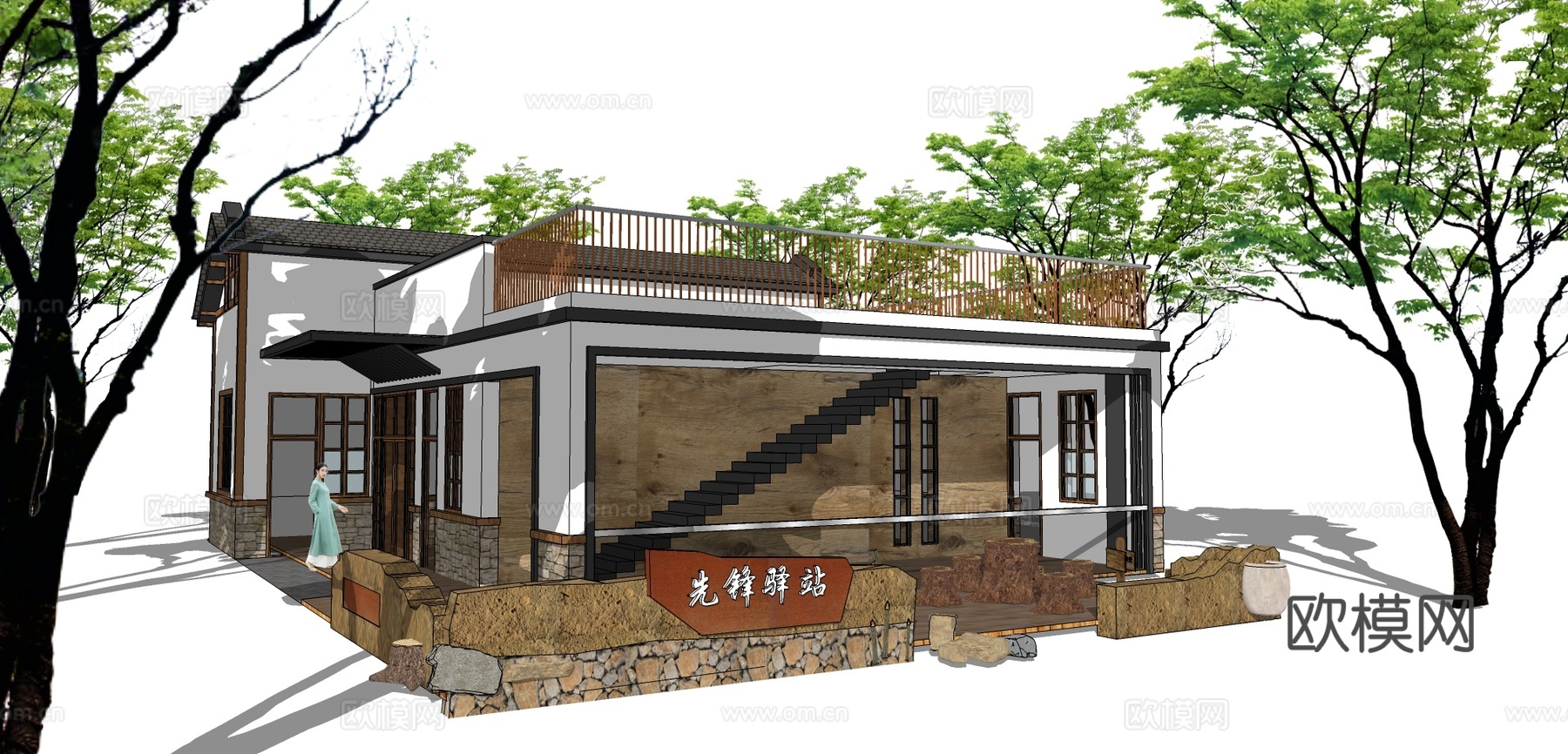 新中式独栋别墅su模型下载