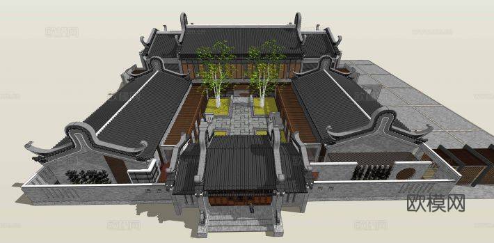 中式四合院外观su模型下载