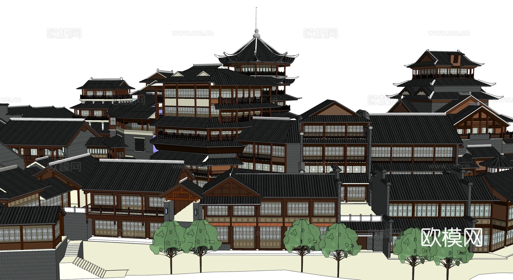 中式古建筑门楼牌坊塔楼su模型下载
