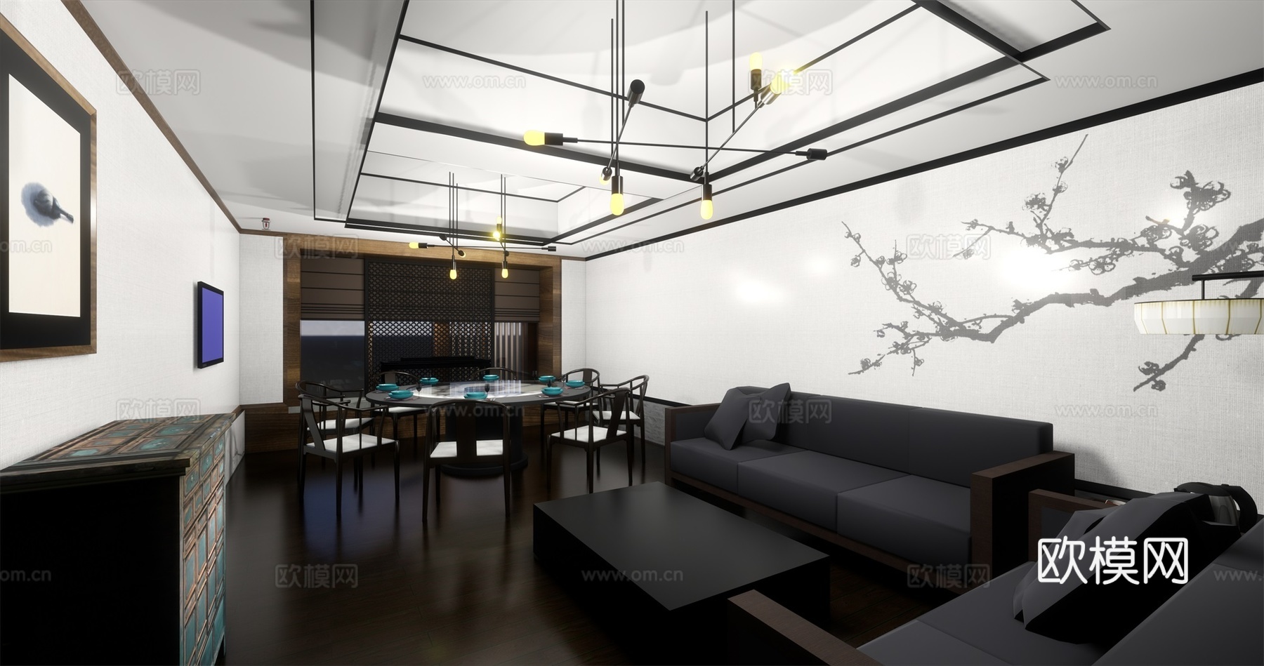 中式餐厅su模型下载