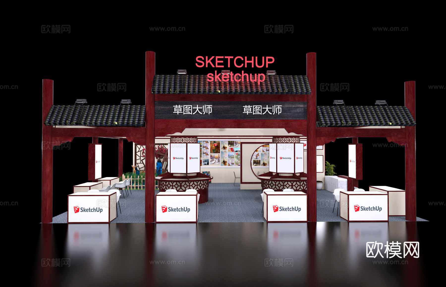 新中式展厅su模型下载