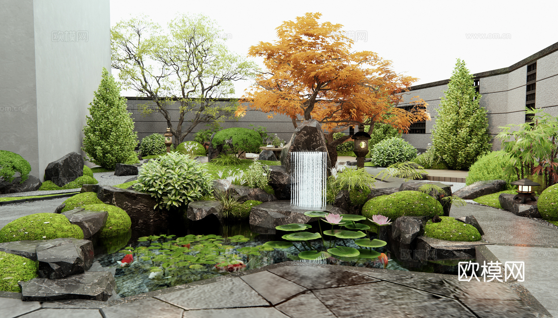 新中式禅意庭院景观 假山水景 灌木 植物造景 景观石头su模型