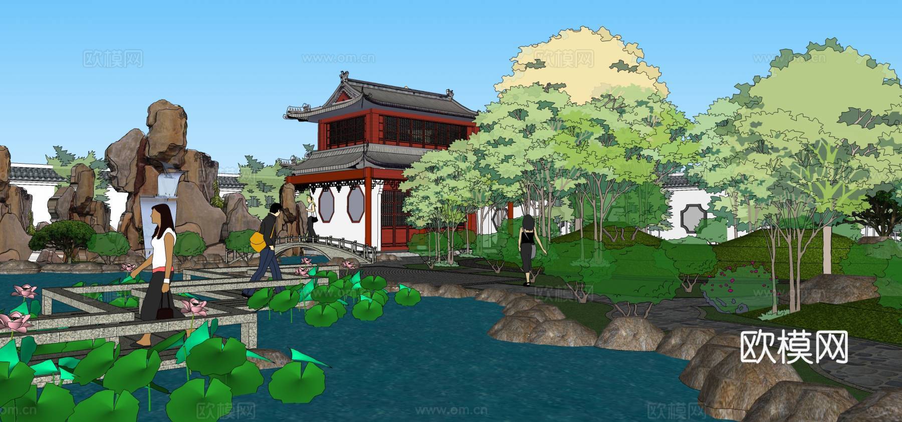 新中式公园景观su模型下载