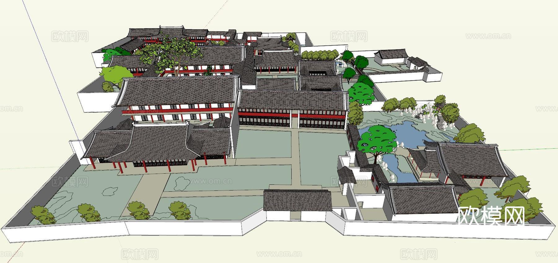 中式山庄外观su模型下载