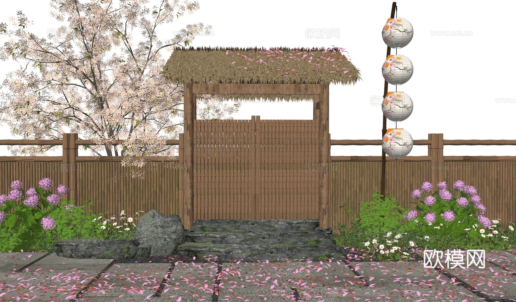 新中式其他景观小建筑 中式乡村庭院门 樱花小院围墙院门 花园su模型