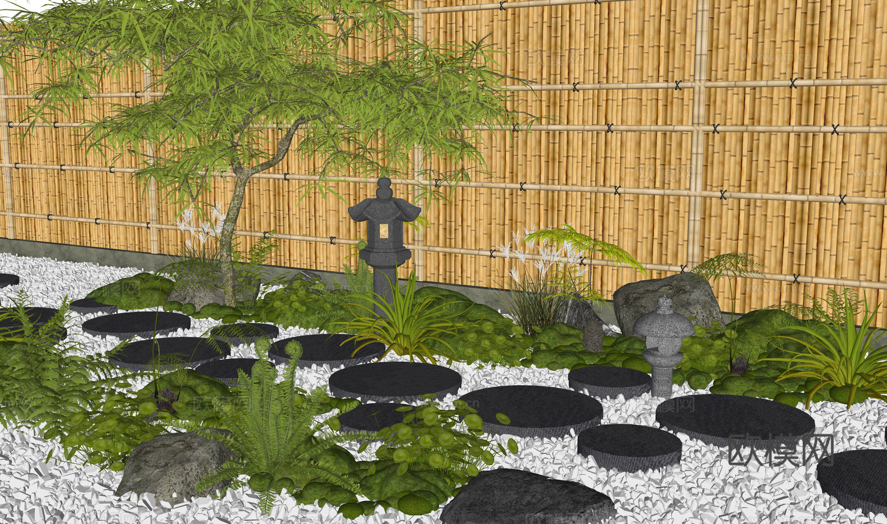 日式新中式汀步 禅意庭院景观 植物组合 苔藓景观 花草 枫树su模型