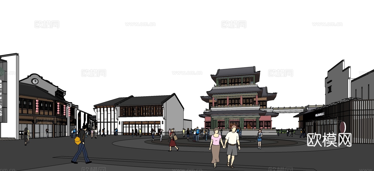 新中式商业街su模型下载