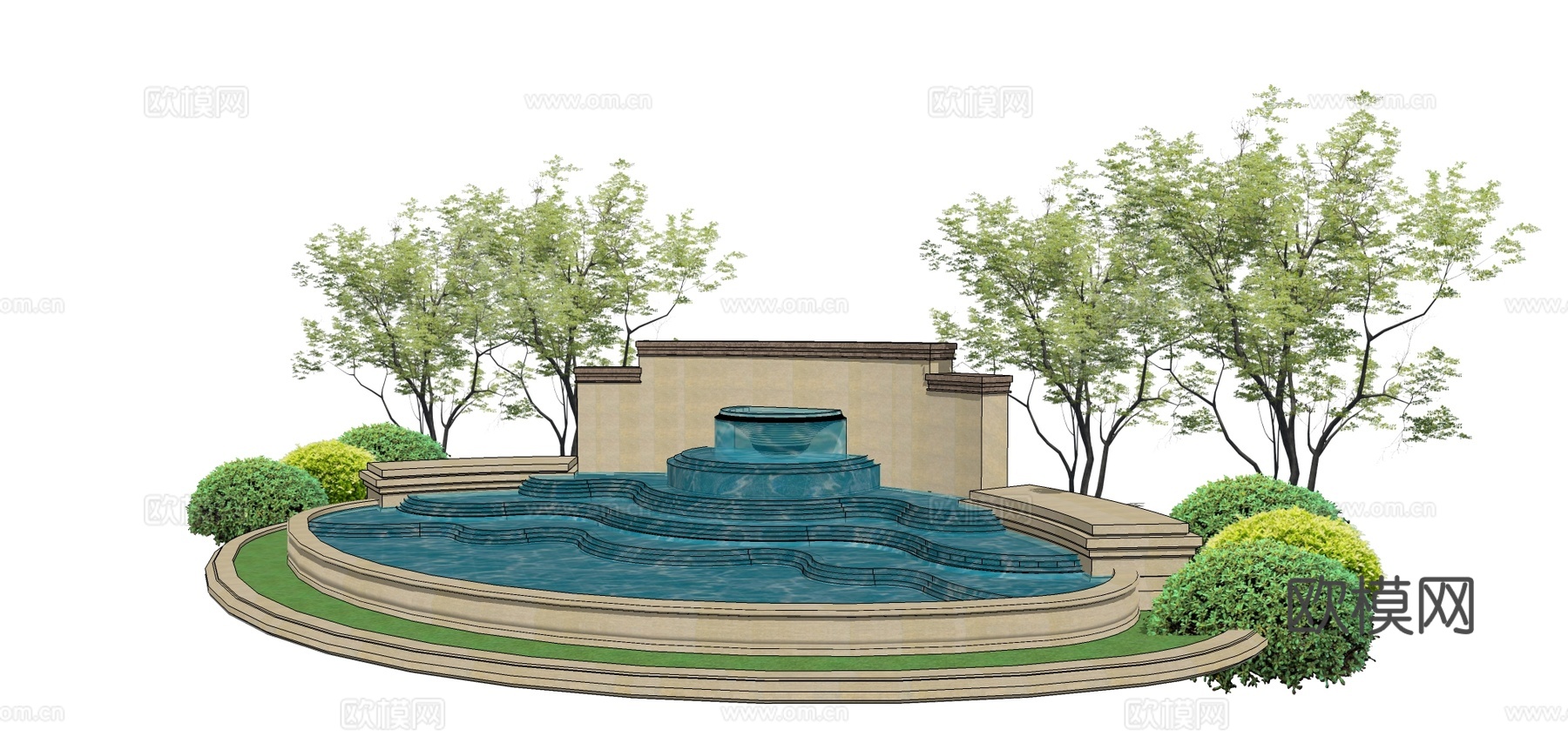 现代水池景观墙su模型下载