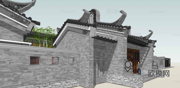 中式四合院外观su模型下载