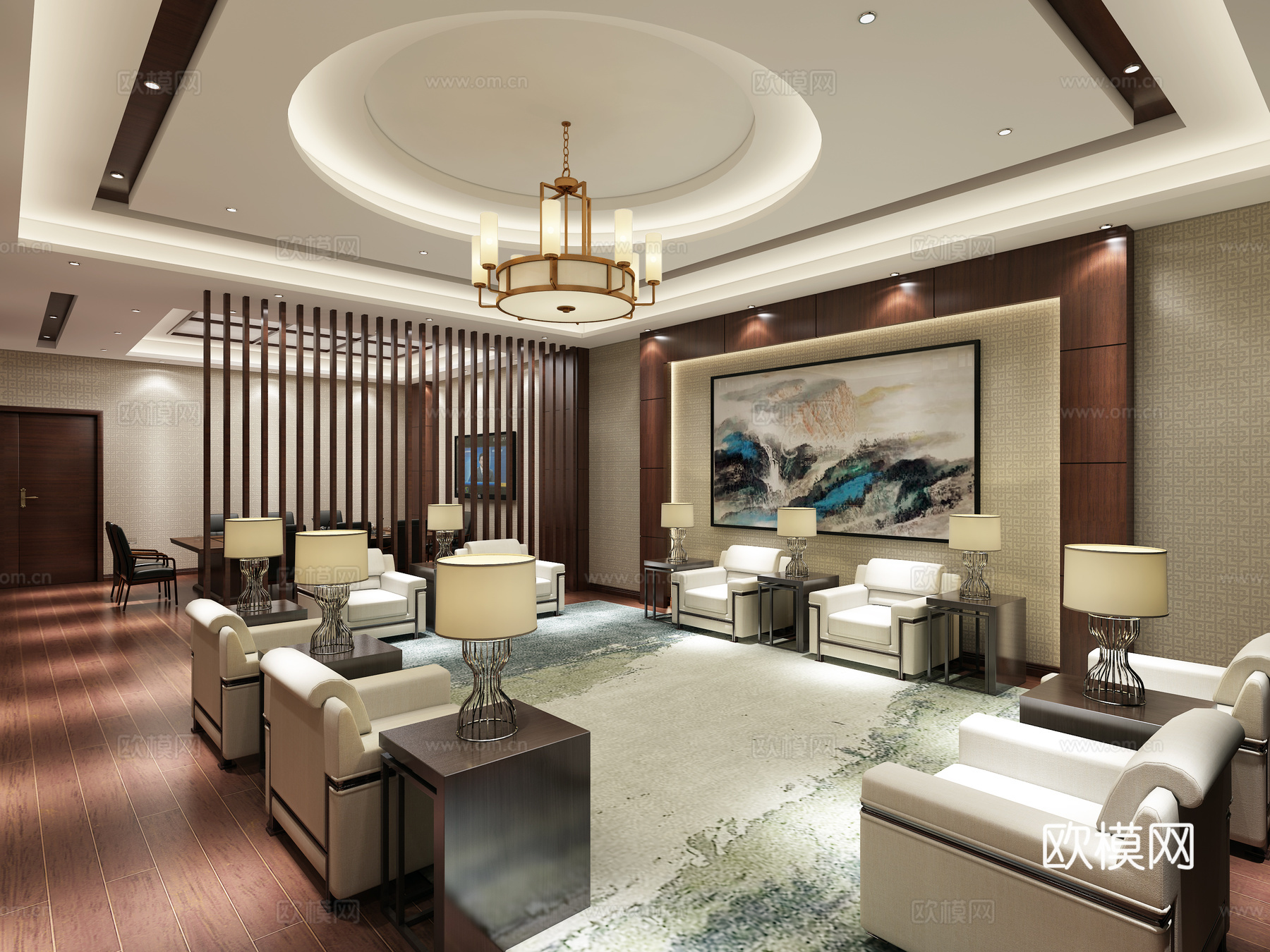 中式接待室 沙发 吊灯 装饰画3d模型