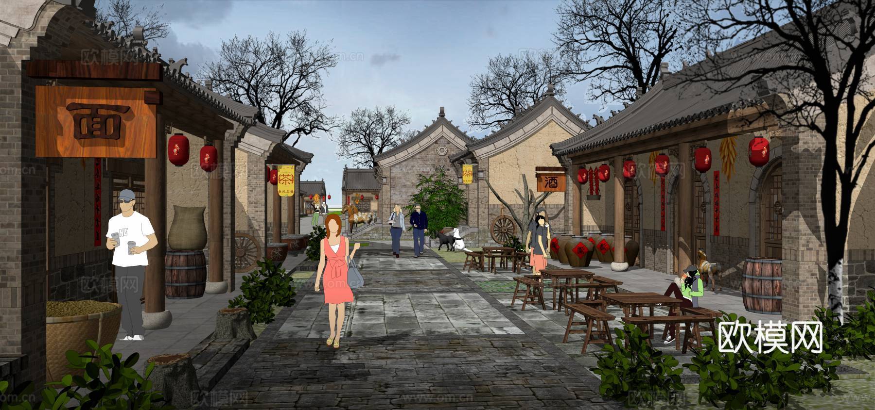新中式古镇商业街su模型下载
