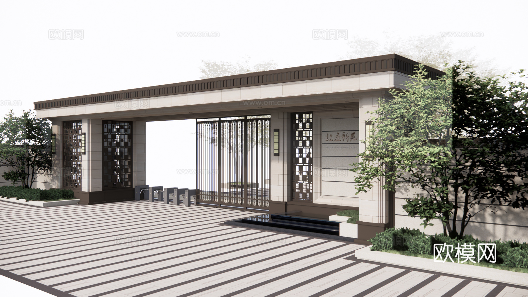 新中式小区大门su模型下载