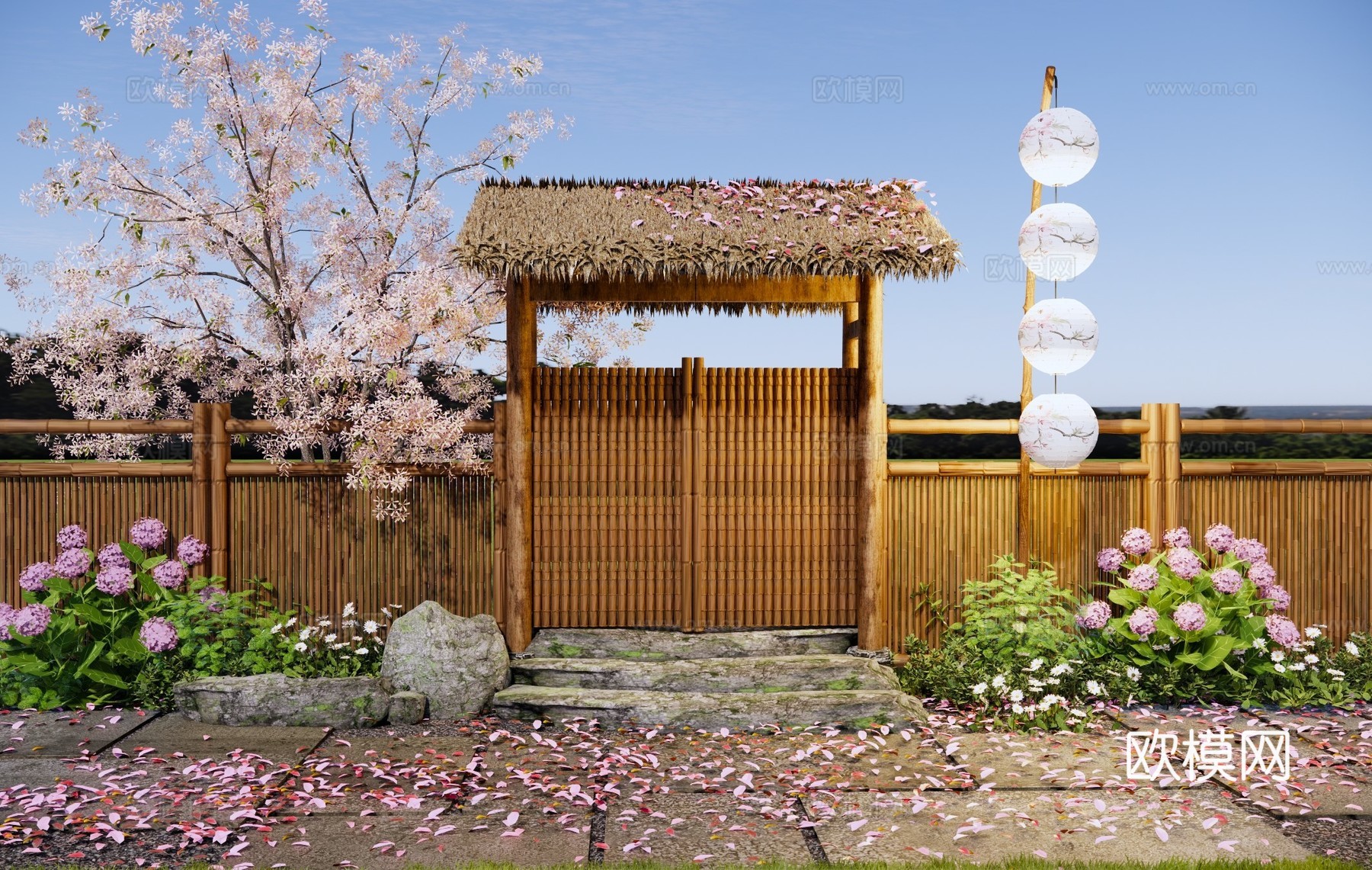 新中式其他景观小建筑 中式乡村庭院门 樱花小院围墙院门 花园su模型
