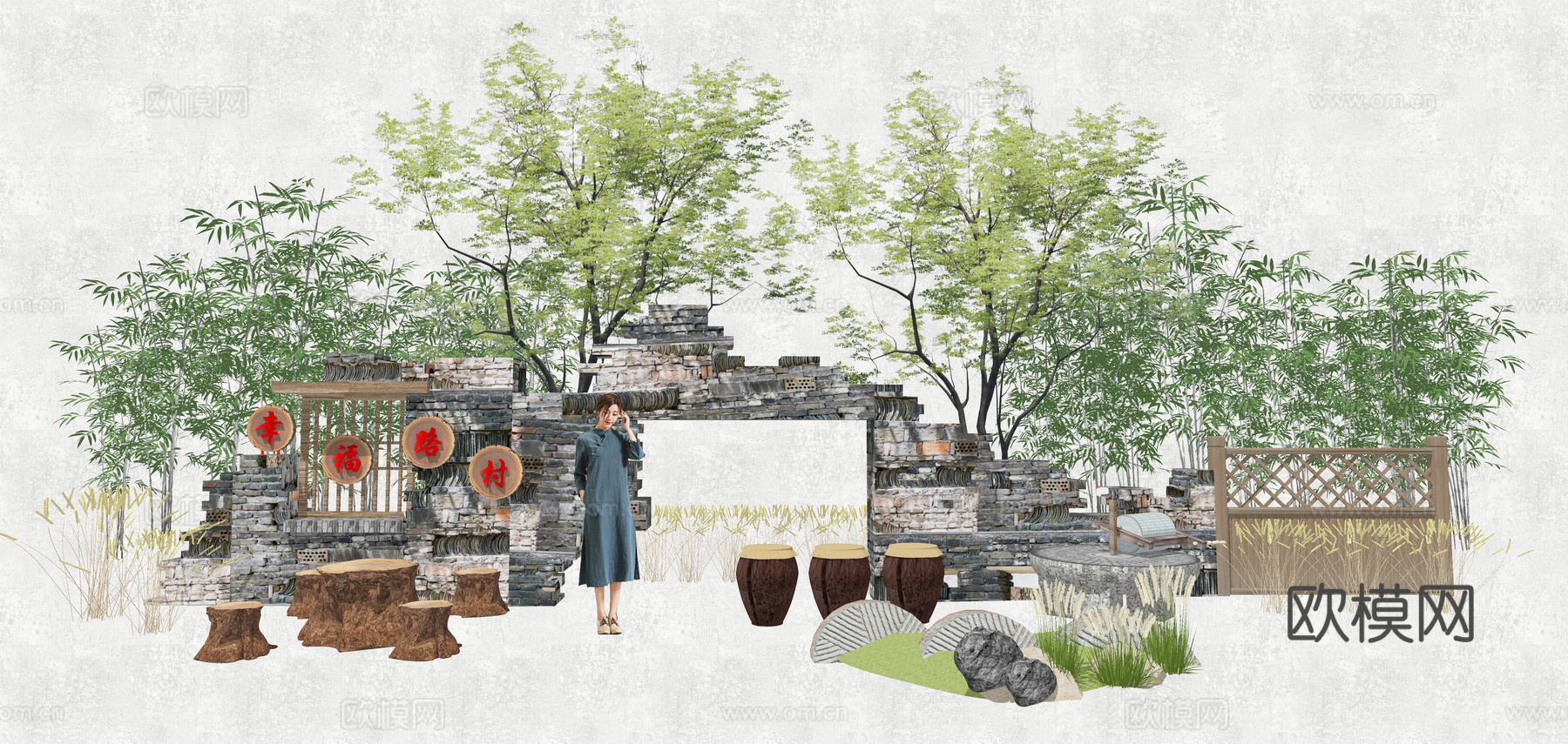 新中式乡村田园景墙绿植小品su模型下载