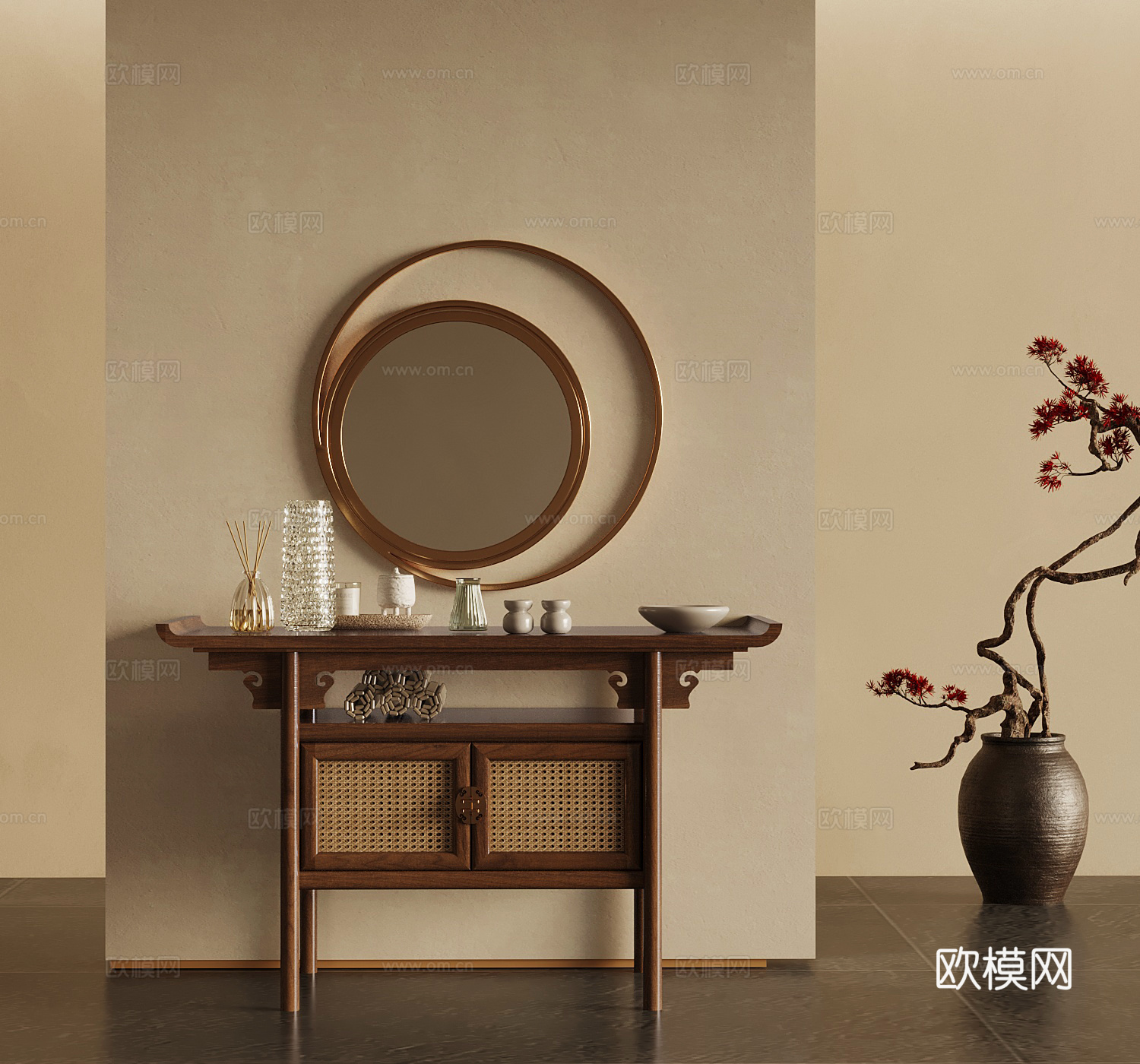 01新中式实木端景台 绿植3d模型