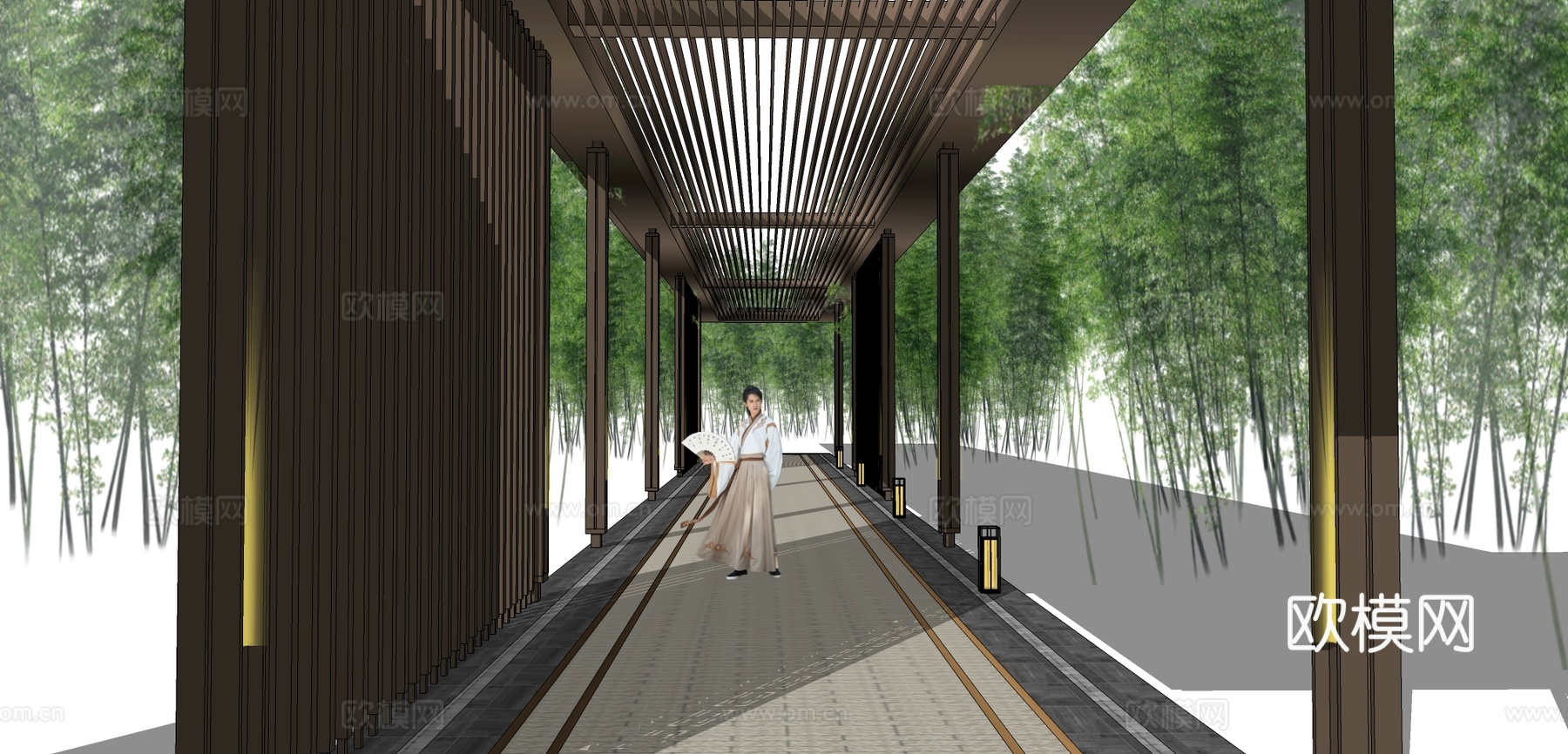 新中式廊架长廊su模型下载
