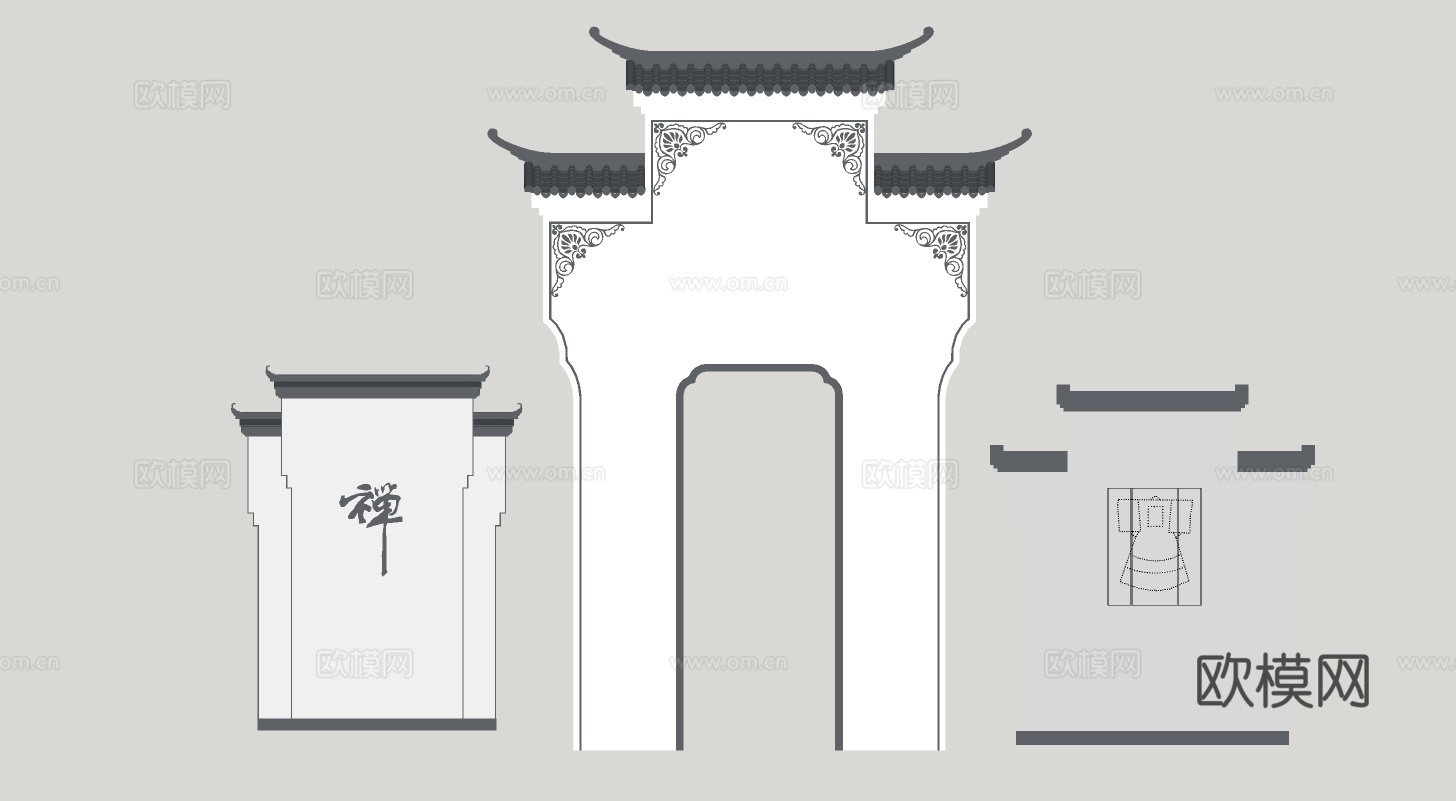 中式屋檐su模型下载