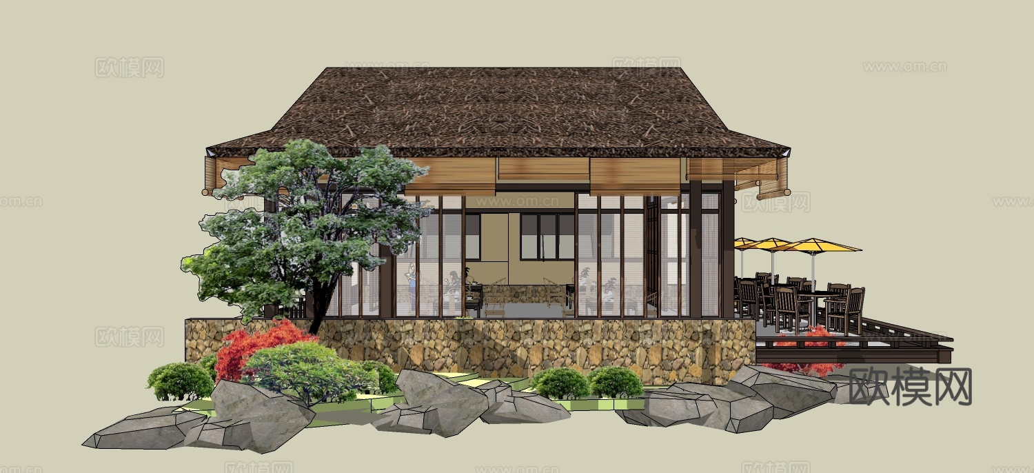 日式木屋外观su模型下载