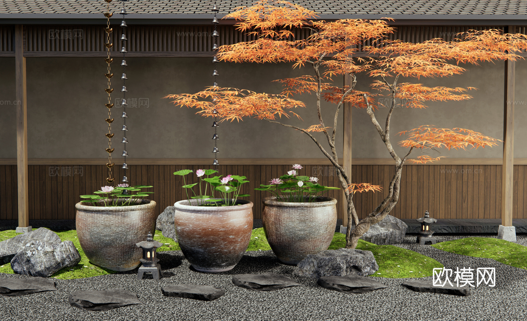 新中式庭院小品 水缸 荷花缸 红枫 汀步 景观石 雨链 水景su模型