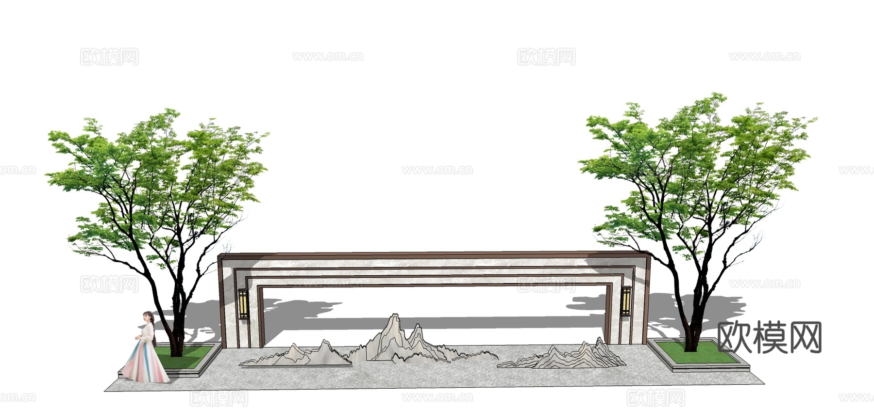 新中式山体景墙su模型下载