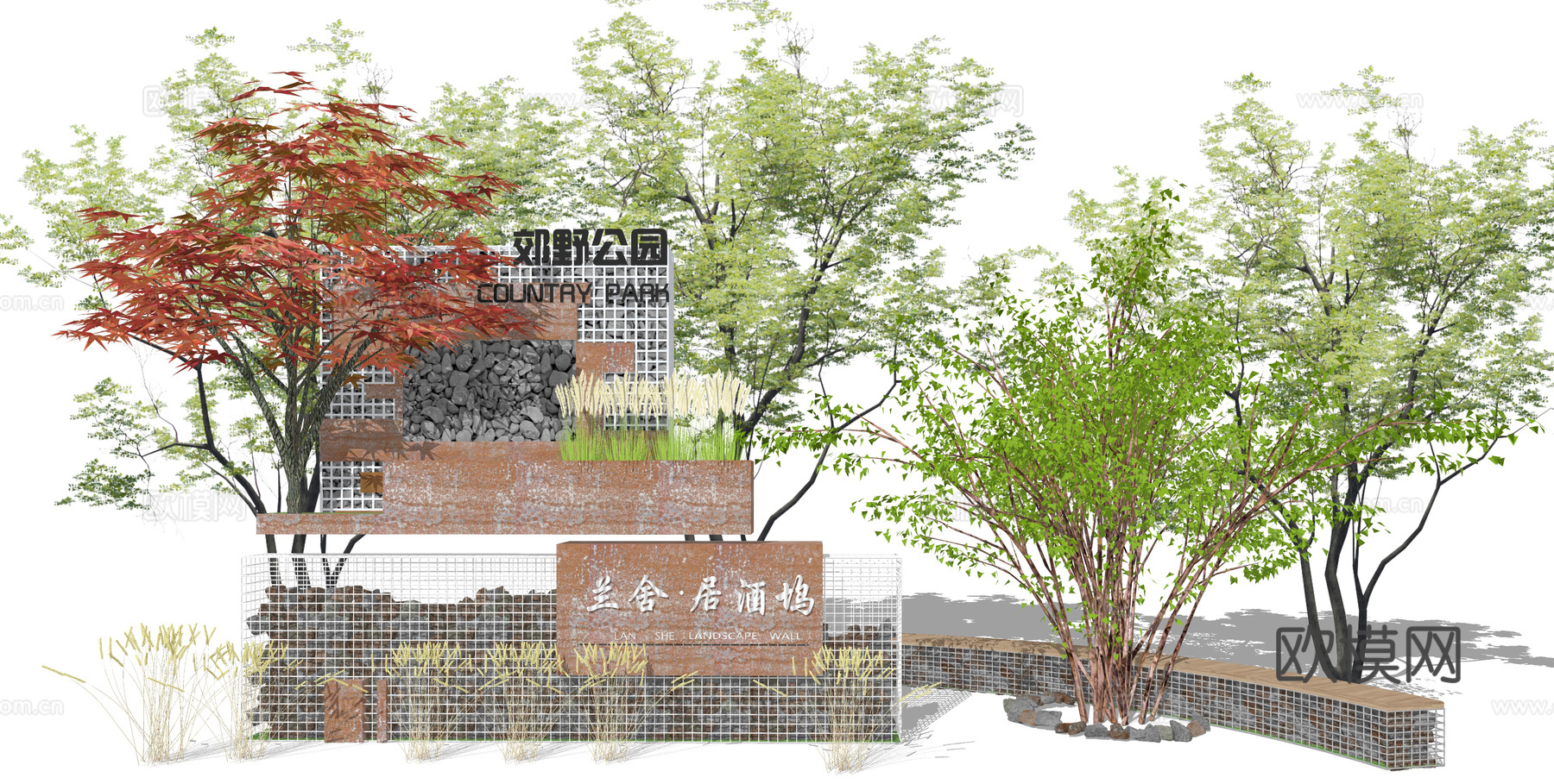 现代公园入口景观墙su模型下载