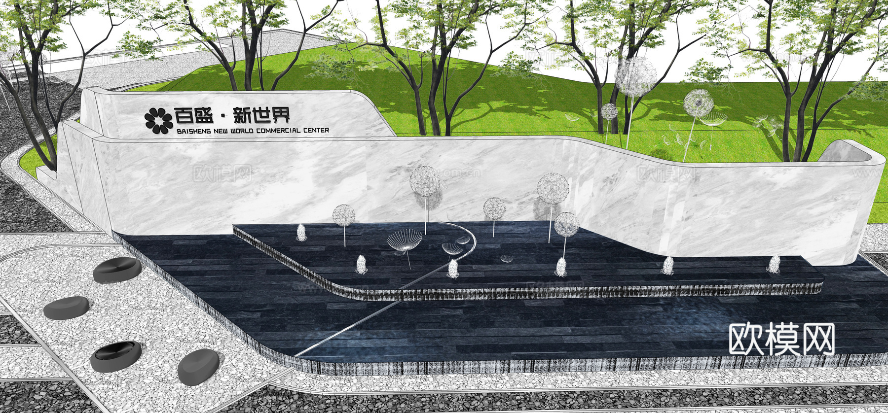 现代水池景观小品su模型下载