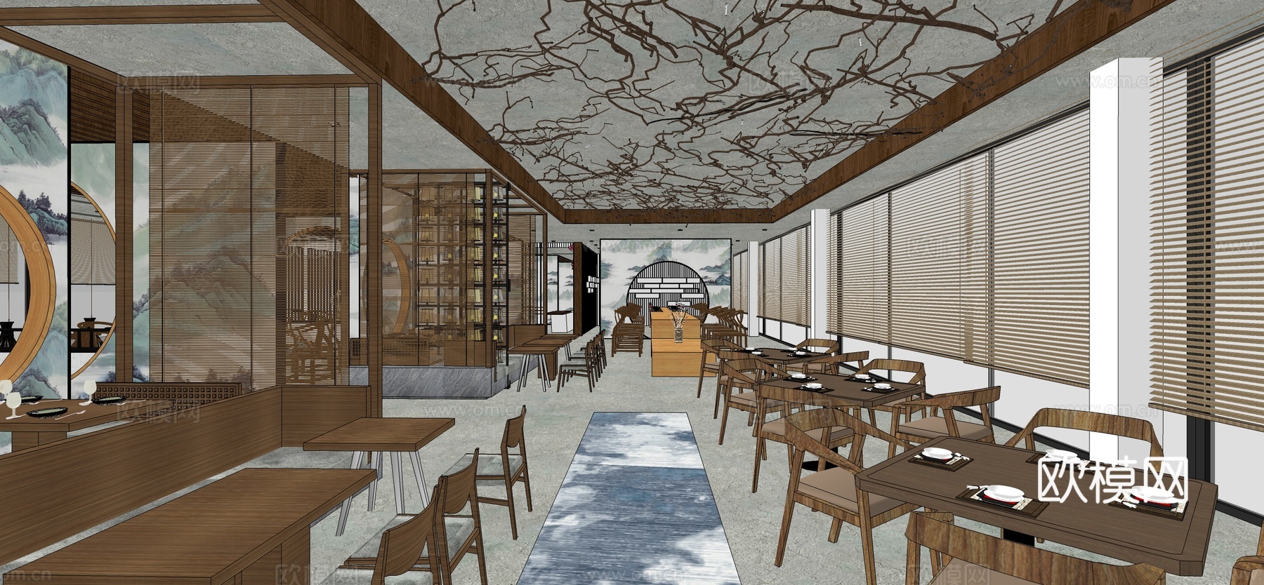 新中式山水禅意餐厅su模型下载
