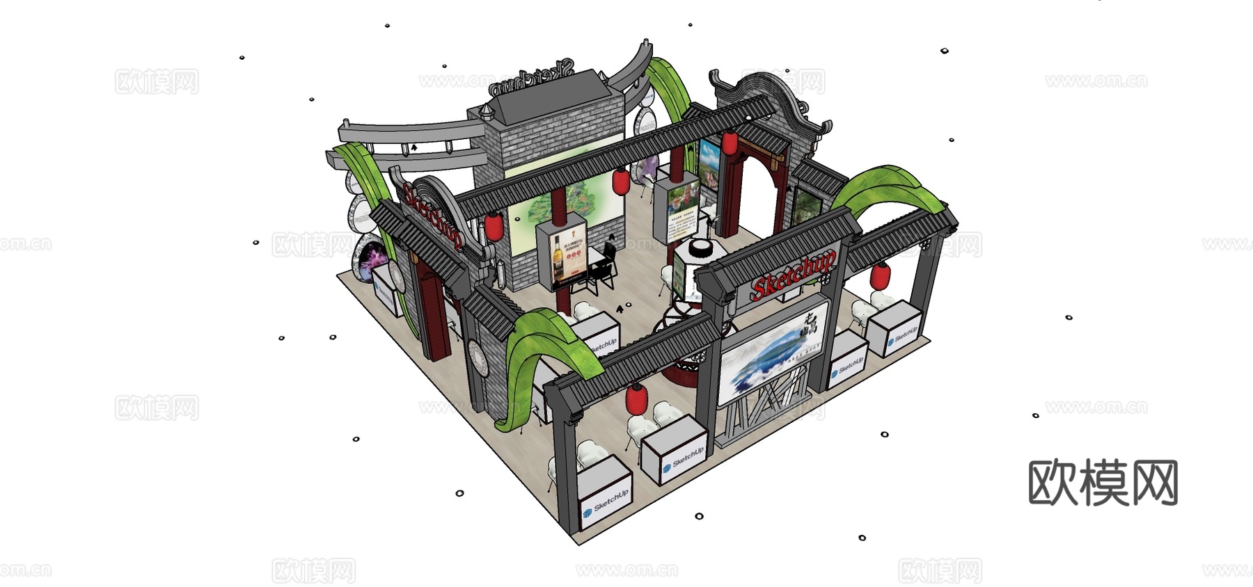 新中式展厅su模型下载