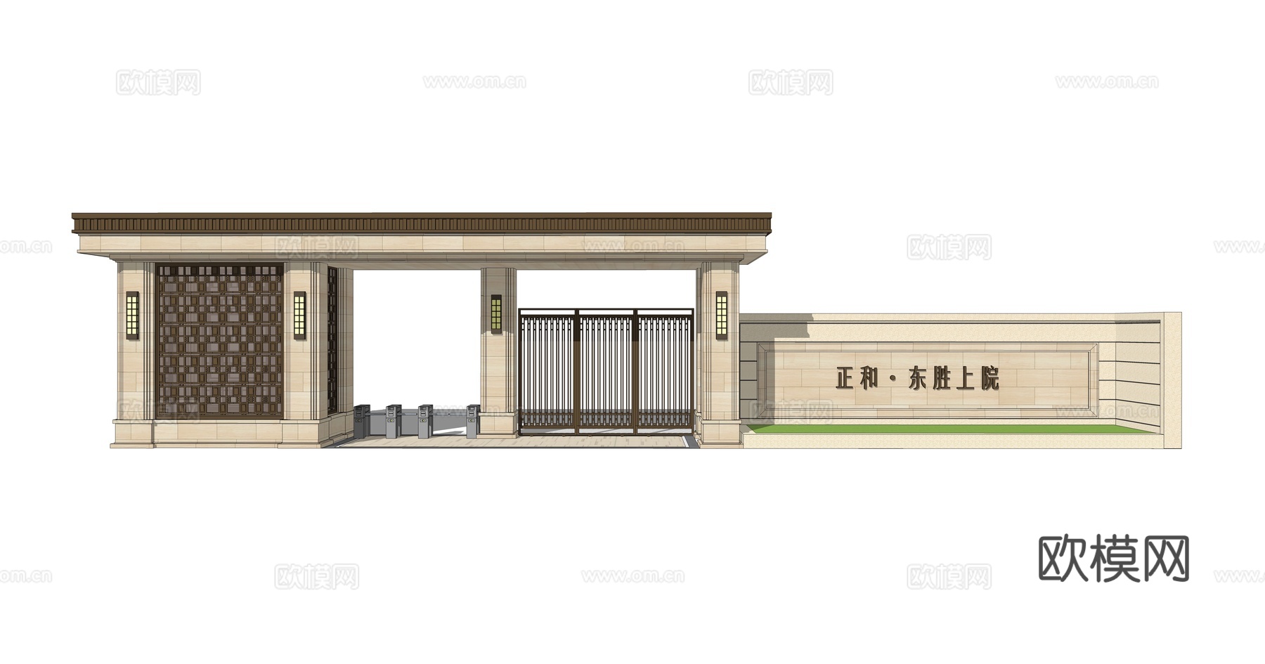 新中式小区大门su模型下载