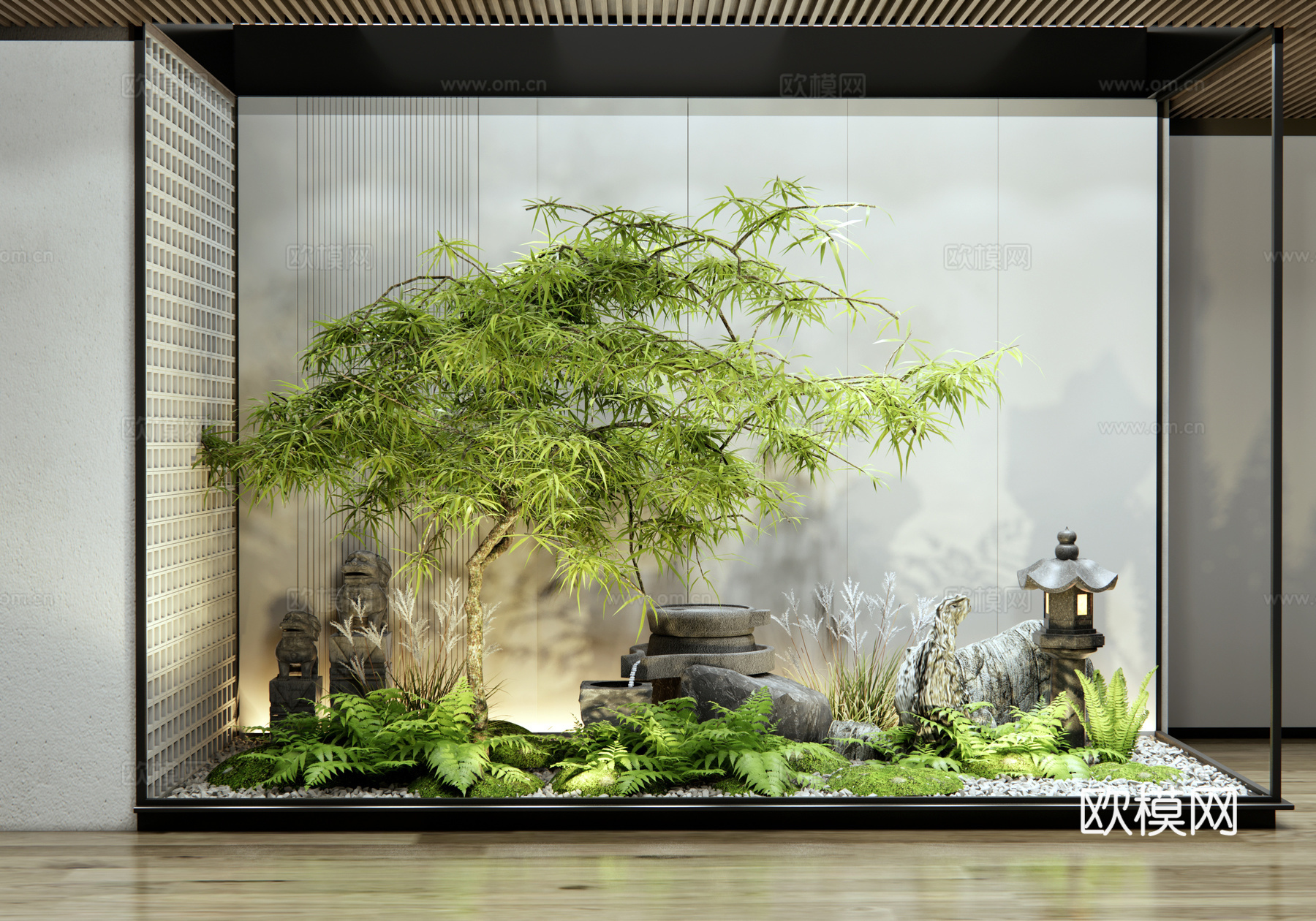 现代室内植物景观小品 庭院小品 羽毛枫 乔木 水钵跌水小品su模型