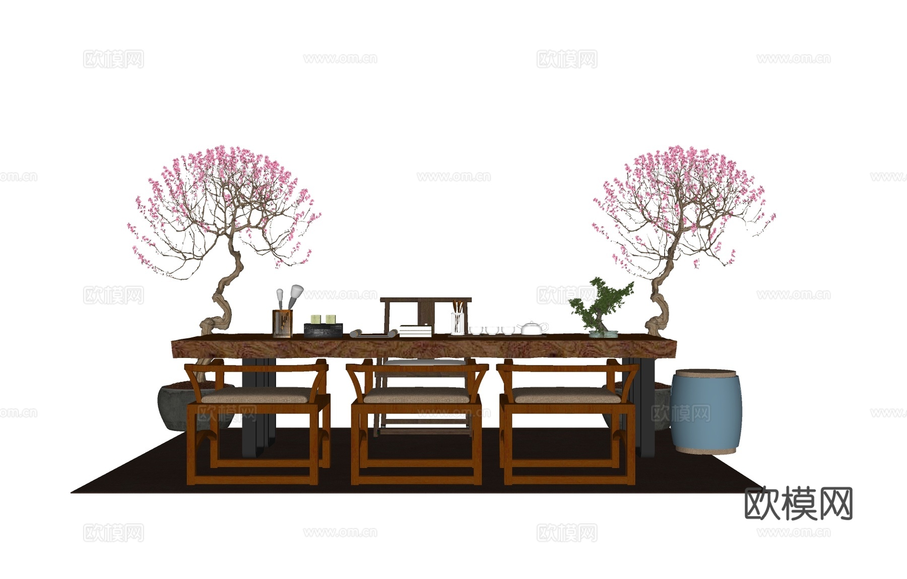 新中式茶桌椅su模型下载