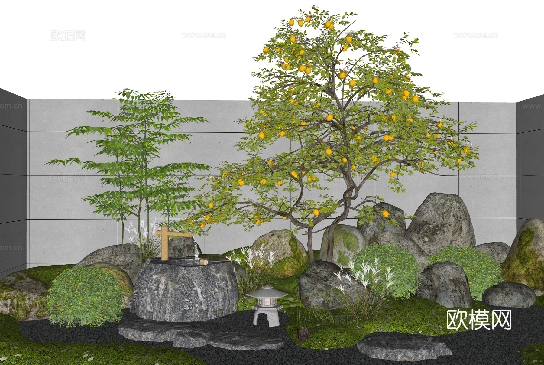 现代庭院小品 枯山水庭院景观 果树 柠檬树 植物景观 石头su模型