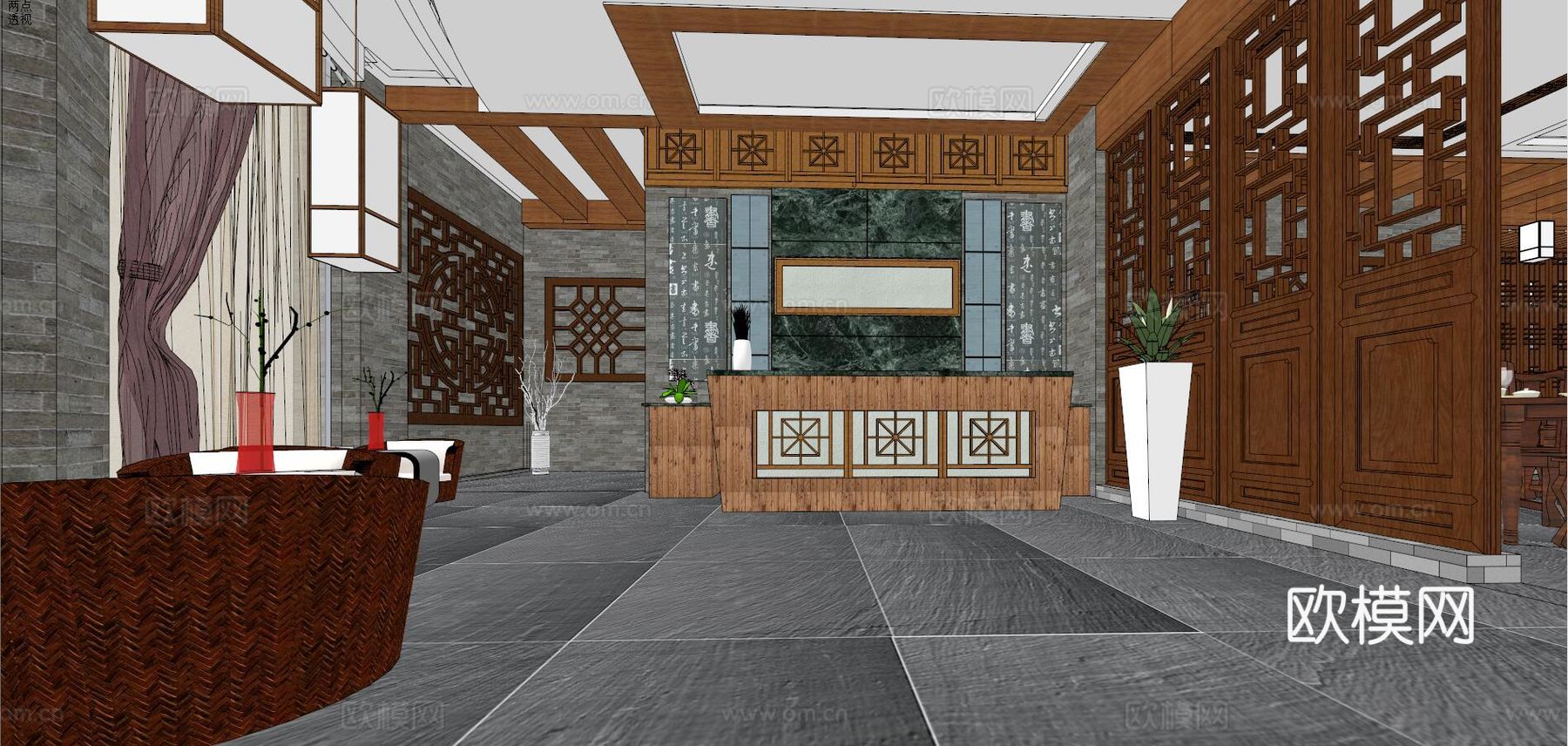新中式餐厅su模型下载