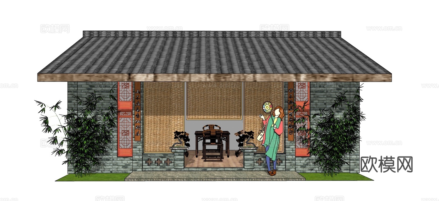 日式茶室外观su模型下载