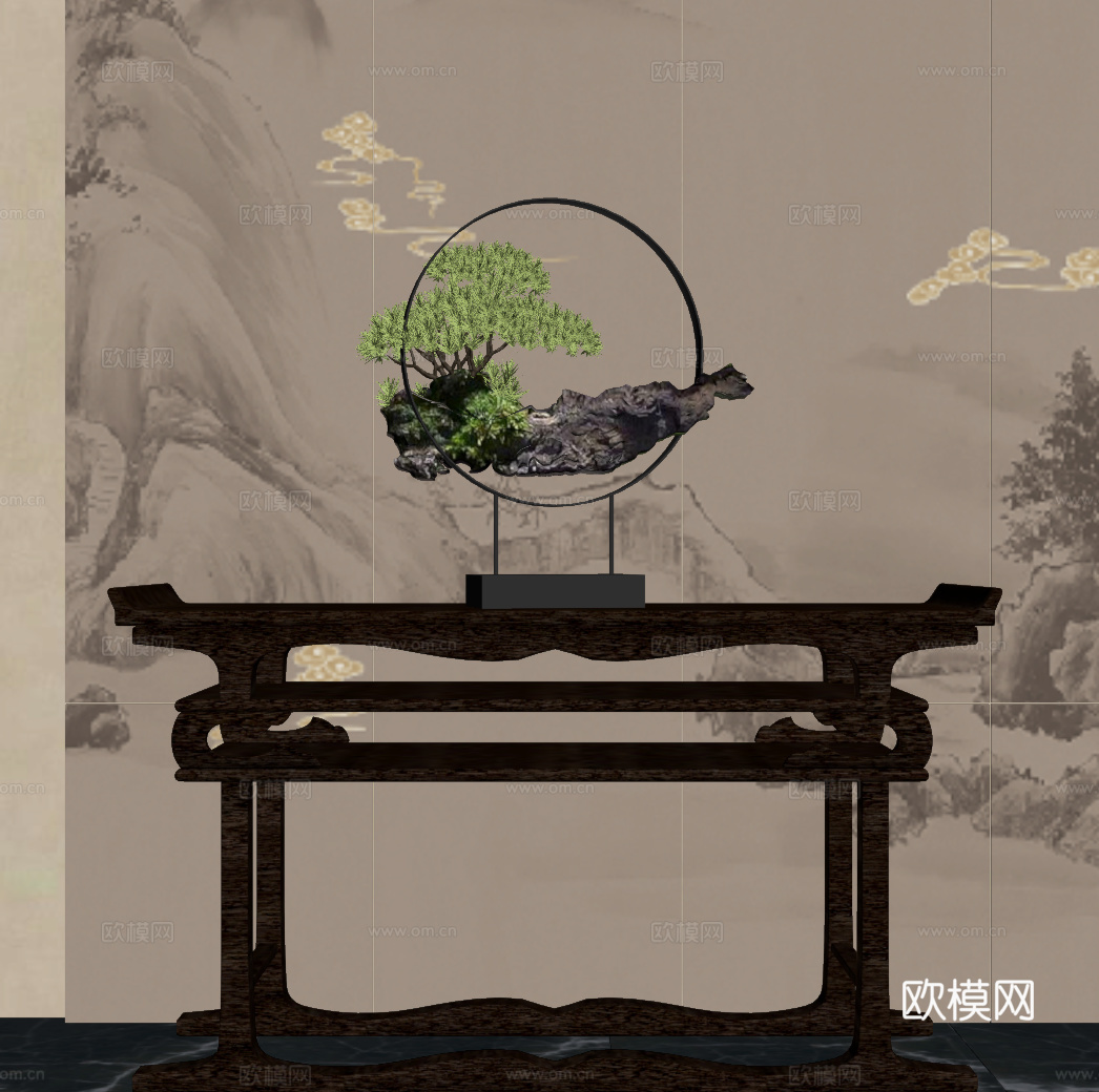 07新中式端景台 条案 边柜su模型