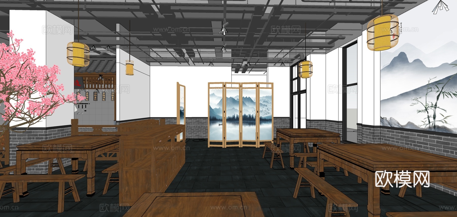 中式餐厅su模型下载