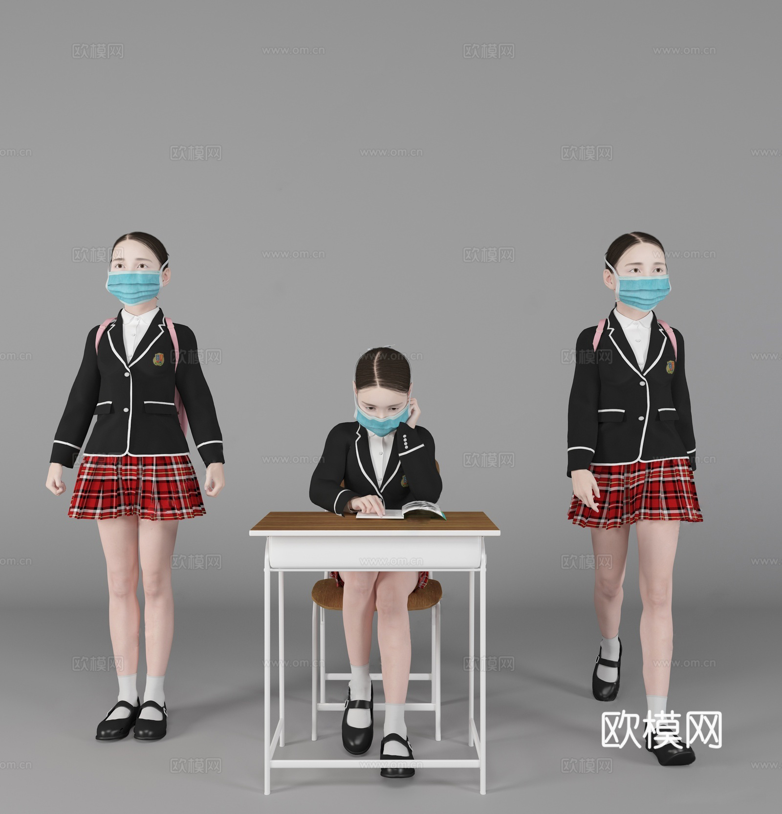 现代戴口罩小学生人物su模型下载