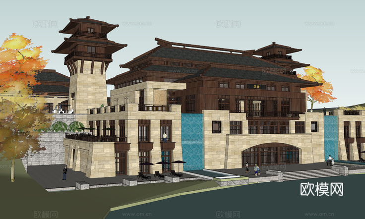新中式塔楼建筑su模型下载