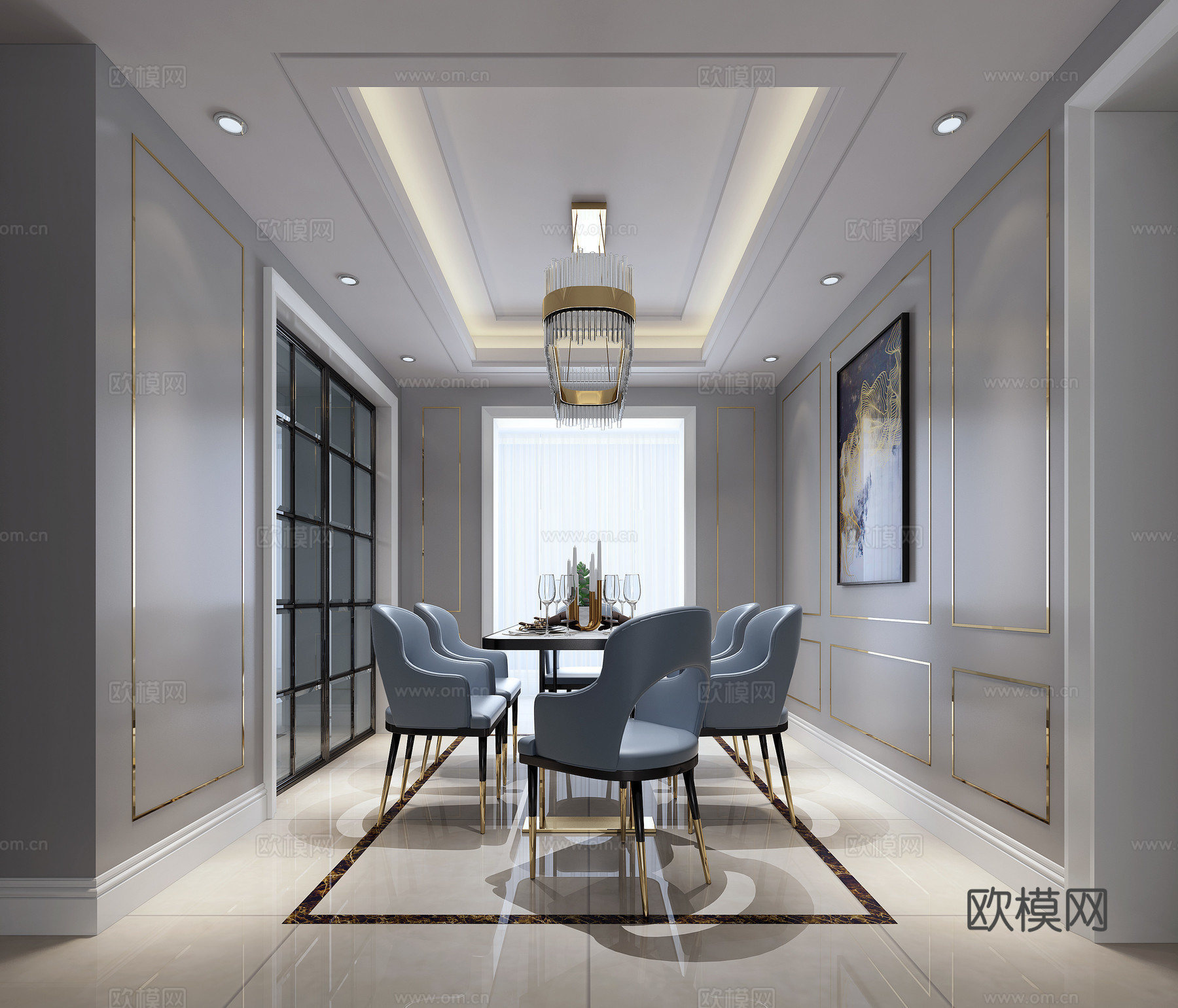 现代轻奢餐厅餐桌椅吊灯装饰画移门3d模型