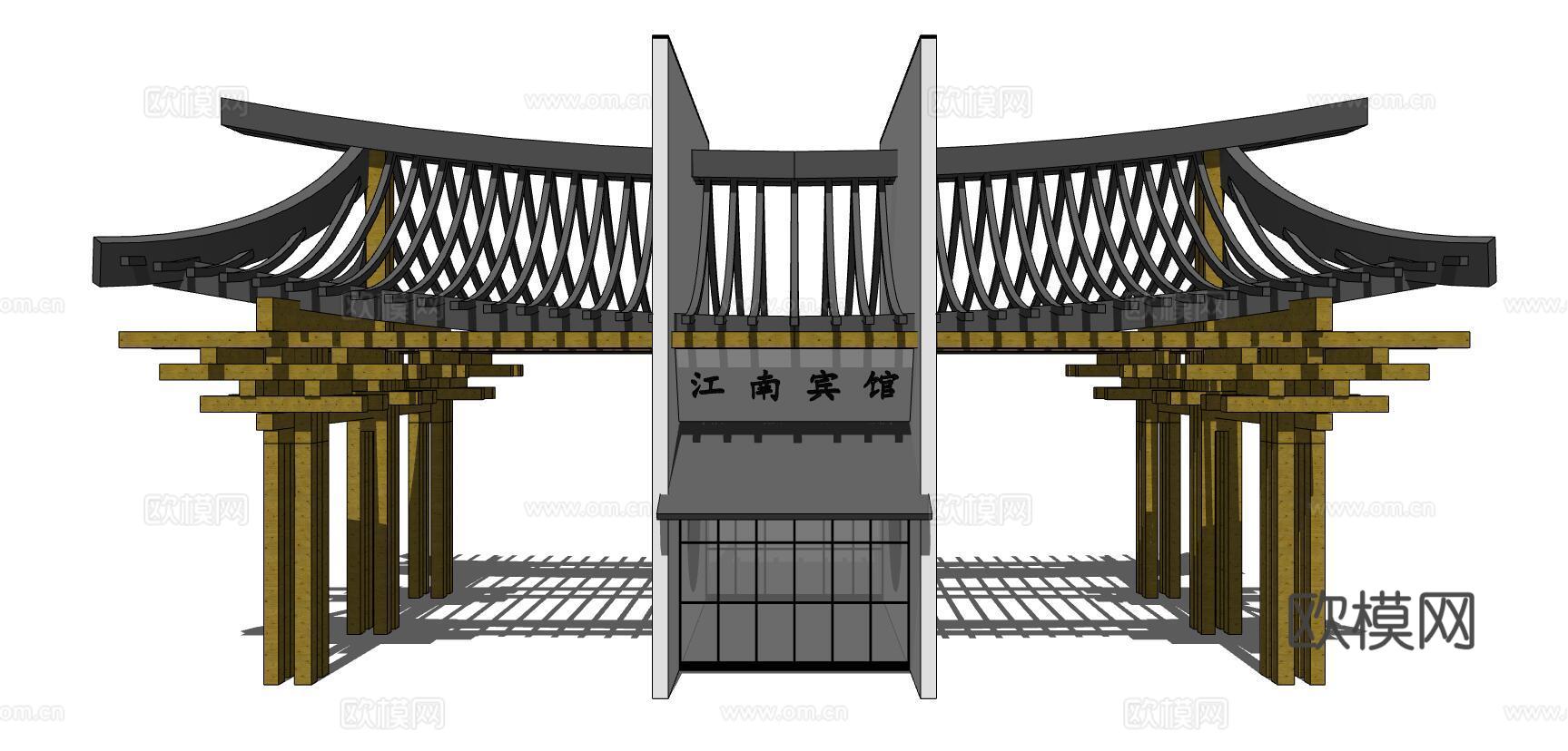 新中式大门门头su模型下载