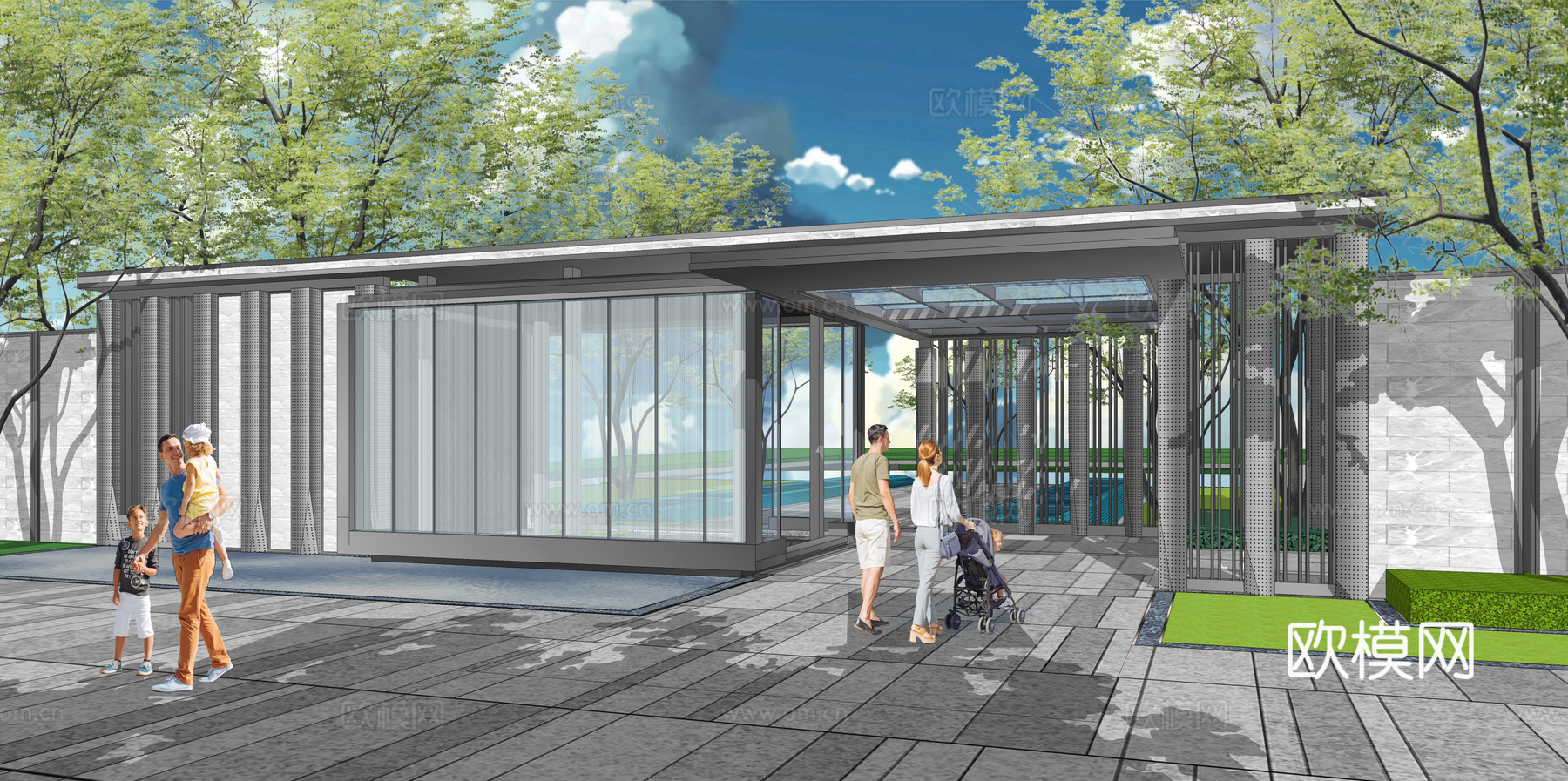 现代住宅休闲镂空廊架su模型下载