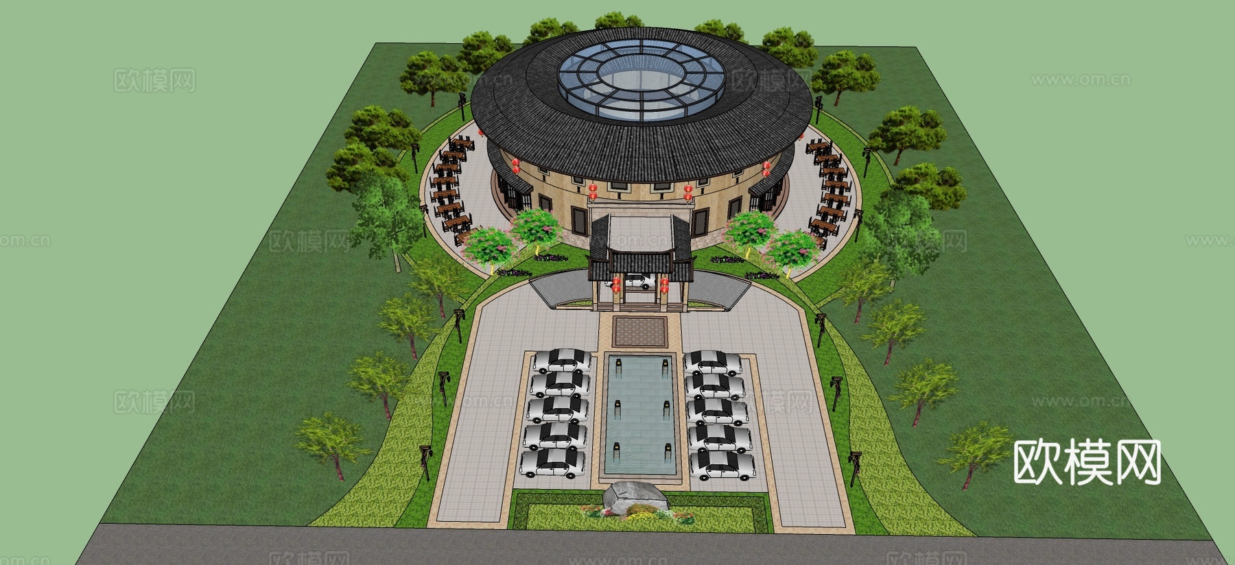 新中式土楼建筑su模型下载